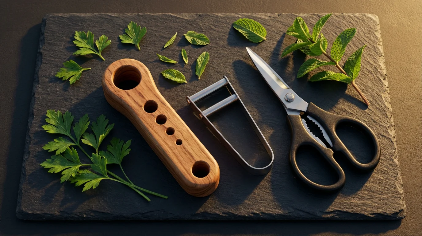 A flat lay of wooden and steel herb strippers and scissors on a slate board.