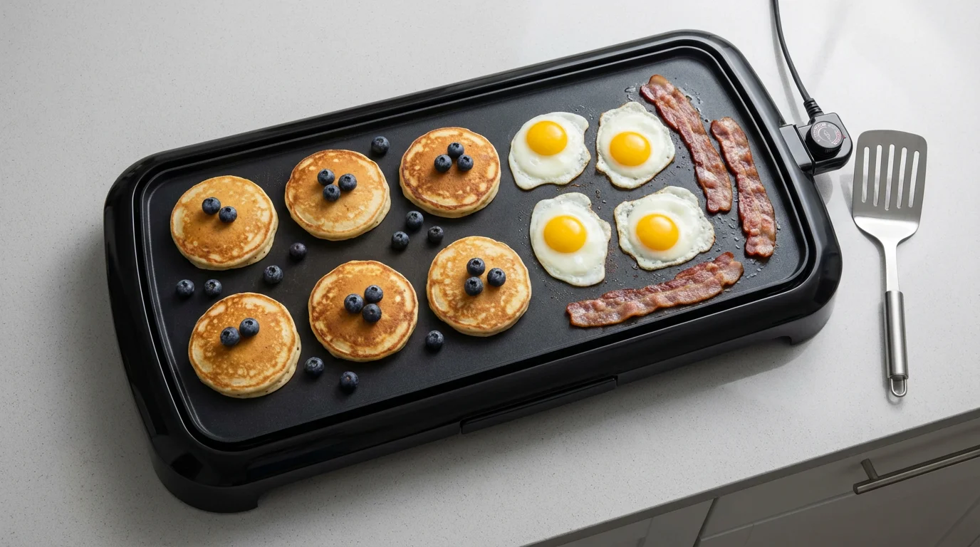 A flat lay photo of an electric griddle cooking pancakes, eggs, and bacon.