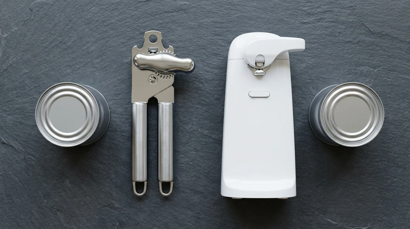 A flat lay showing a manual can opener and an electric can opener.