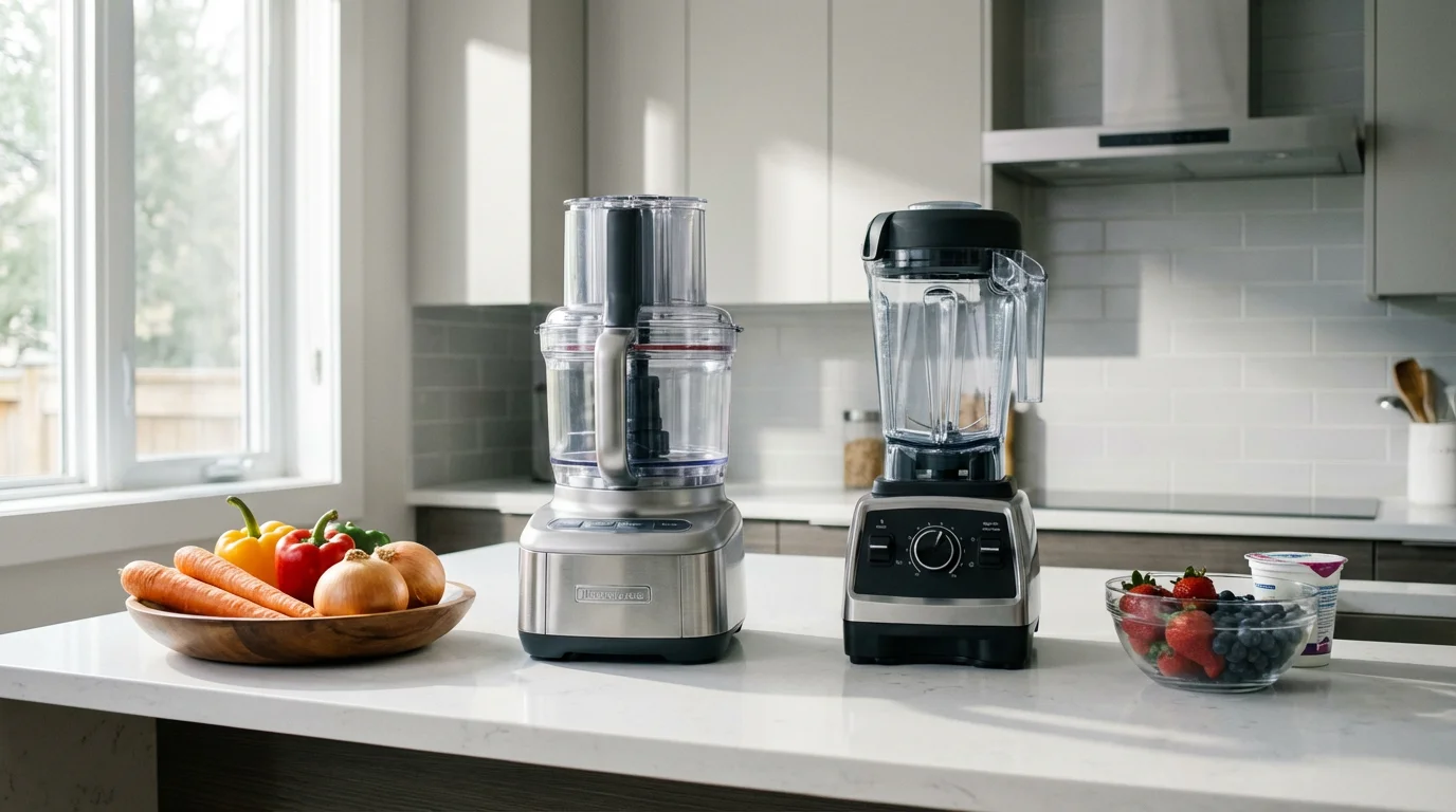 A food processor and a blender sit side-by-side on a sunlit kitchen counter.