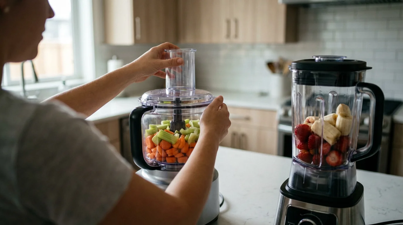 A food processor and blender side-by-side on a kitchen counter with fresh ingredients.