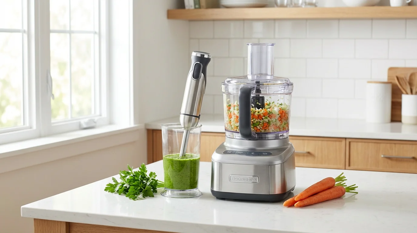 A food processor and immersion blender on a sunlit modern kitchen counter for meal prep.