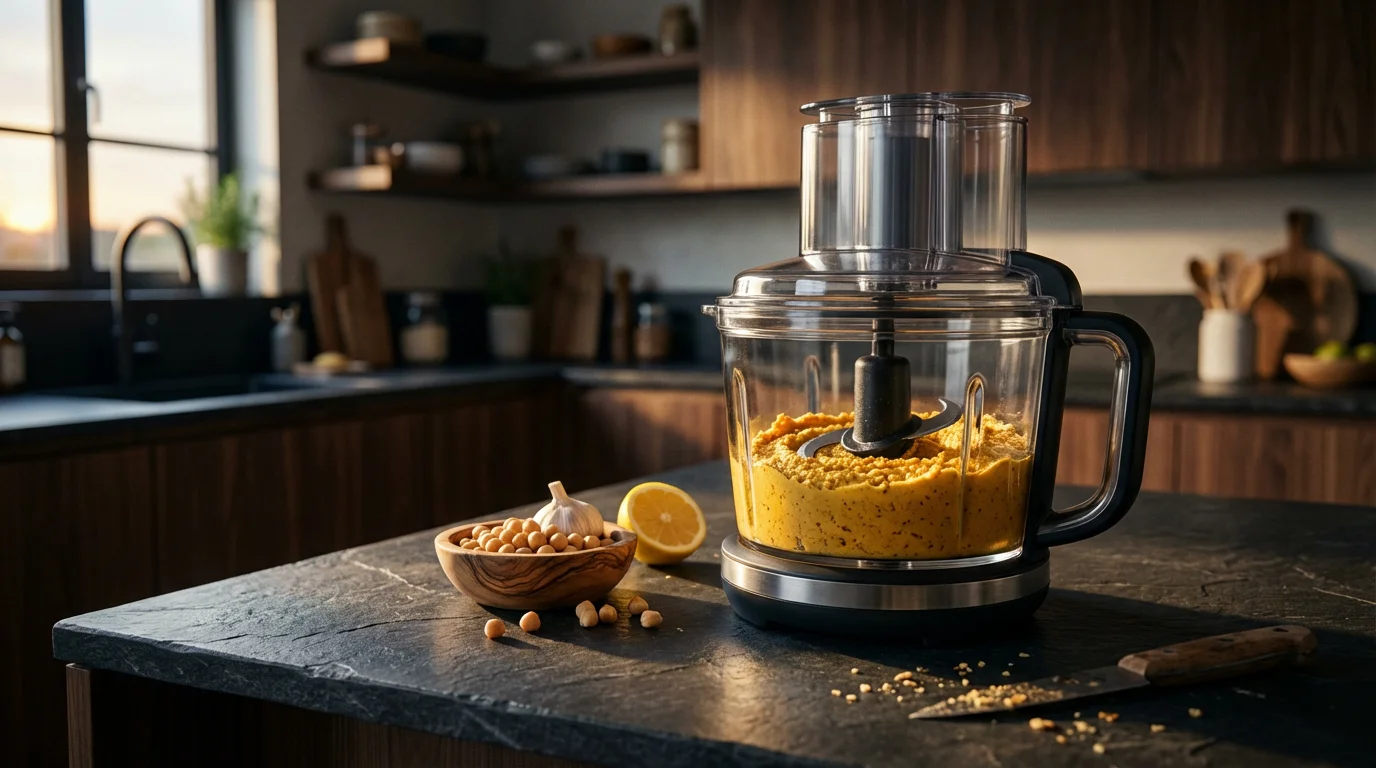 A food processor with fresh, chunky hummus on a dark kitchen counter in afternoon light.