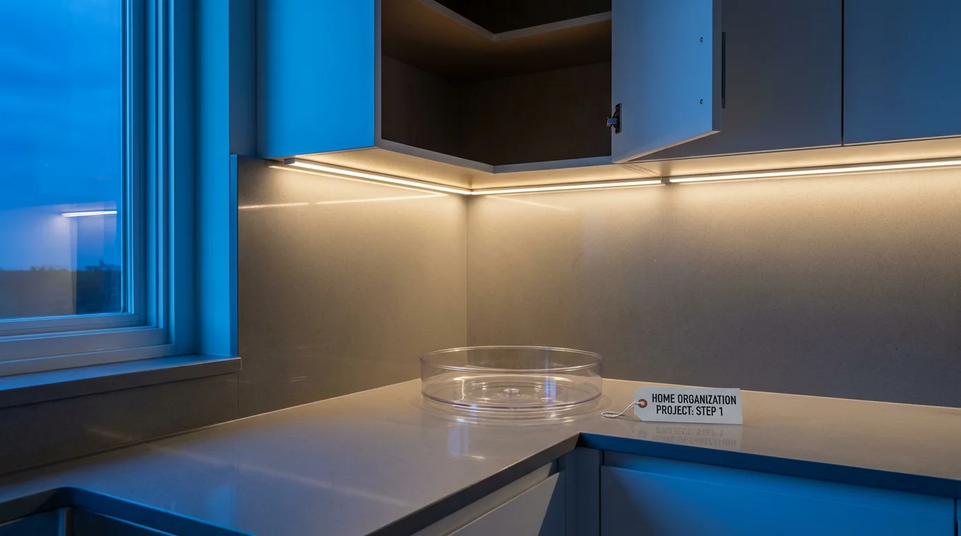 A freestanding lazy susan on a modern kitchen counter at twilight, ready for installation.