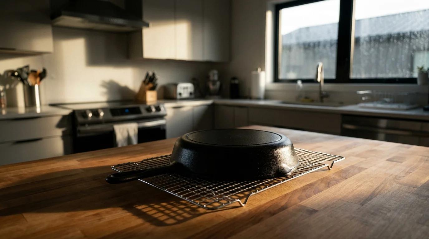 A freshly seasoned cast iron skillet cooling upside down on a modern kitchen counter.