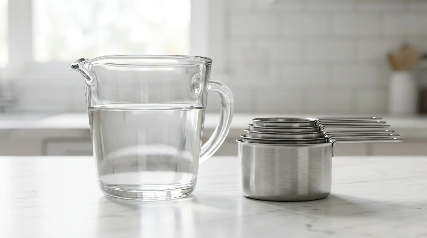 A glass liquid measuring cup and a set of steel dry measuring cups sit side-by-side.