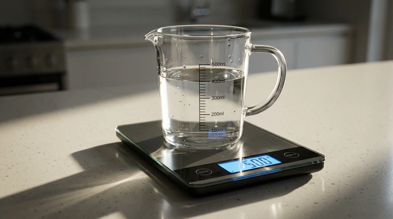 A glass measuring cup with water being weighed on a digital kitchen scale.