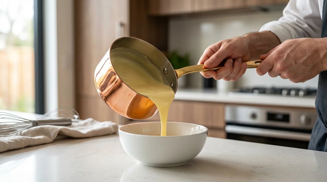 A gleaming copper saucepan pouring creamy custard into a white bowl in a sunlit kitchen.