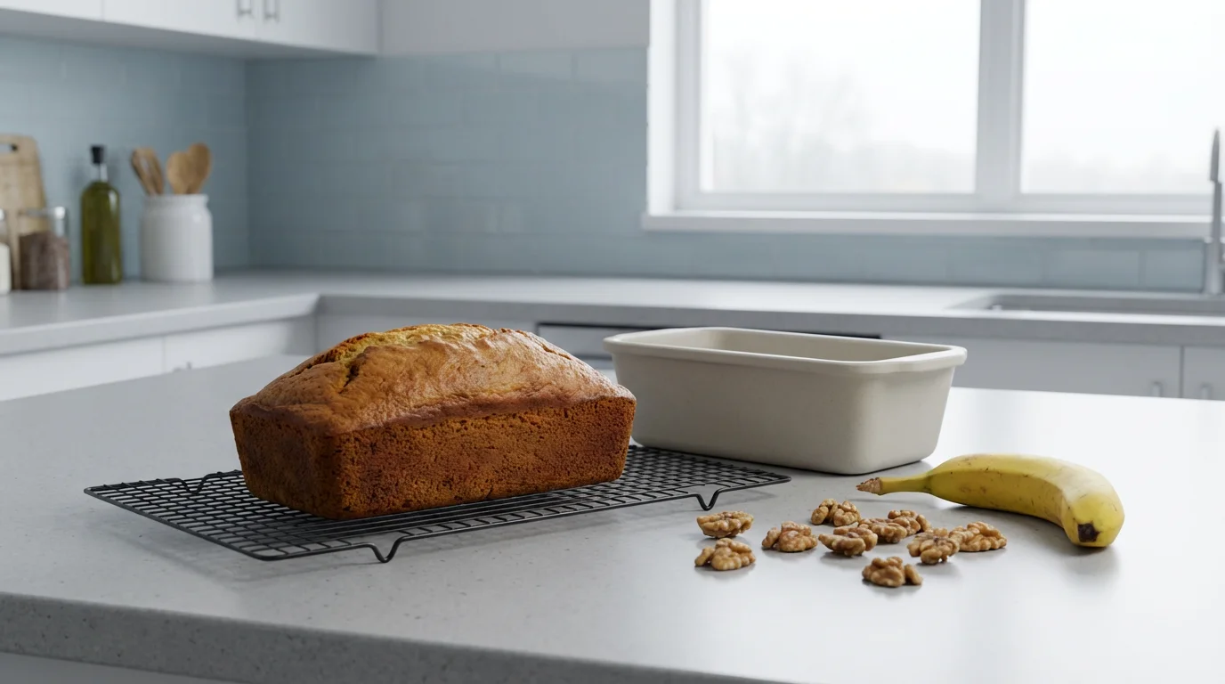 A golden-brown banana bread loaf cooling on a rack beside its stoneware pan.