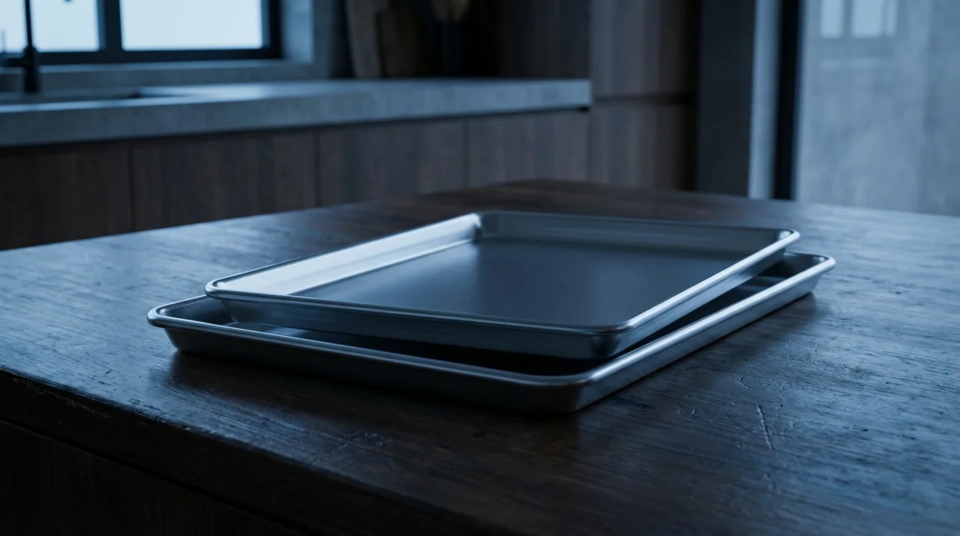 A half sheet pan and quarter sheet pan stacked on a kitchen counter.