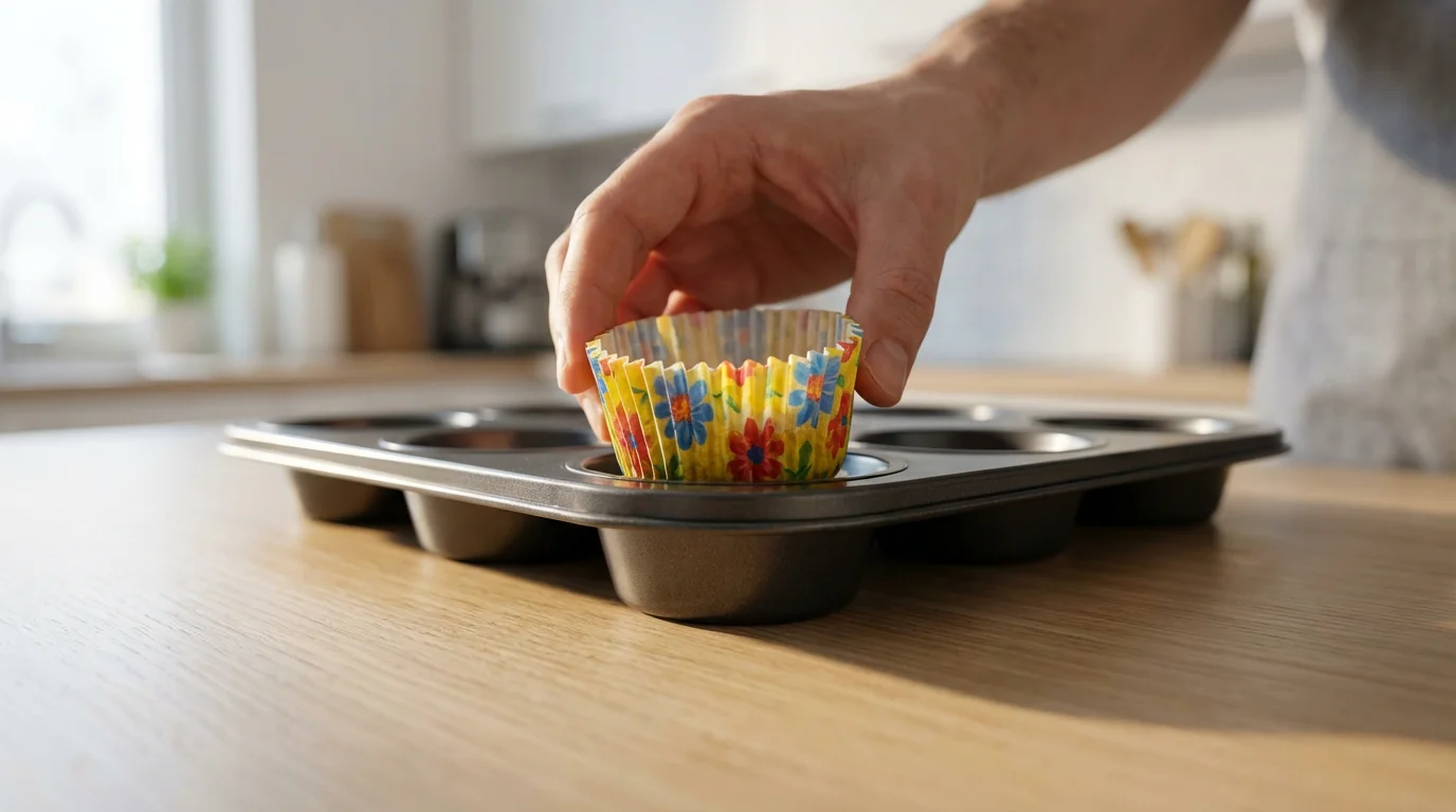 A hand places a colorful paper liner into a dark metal muffin tin.