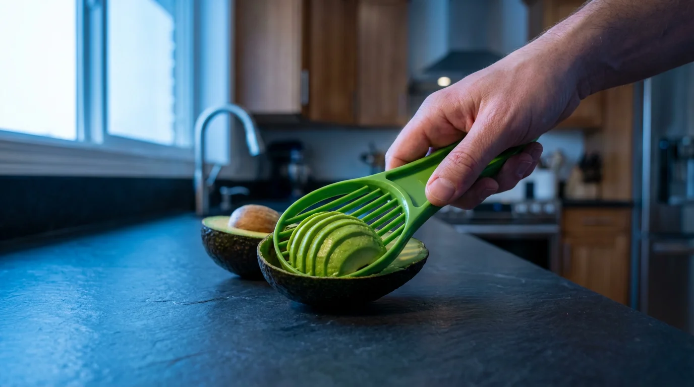 A hand using a fan-style avocado slicer to create perfect slices in a kitchen.