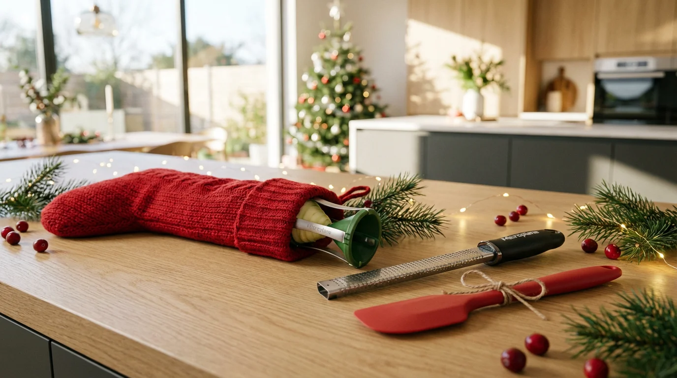 A handheld spiralizer and other kitchen gadgets arranged as festive stocking stuffer gift ideas.