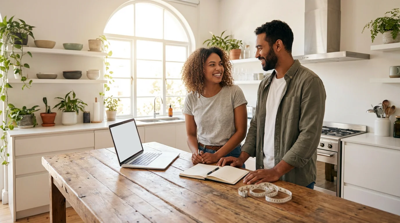 A happy couple plans their kitchen registry in a bright, modern sunlit kitchen.