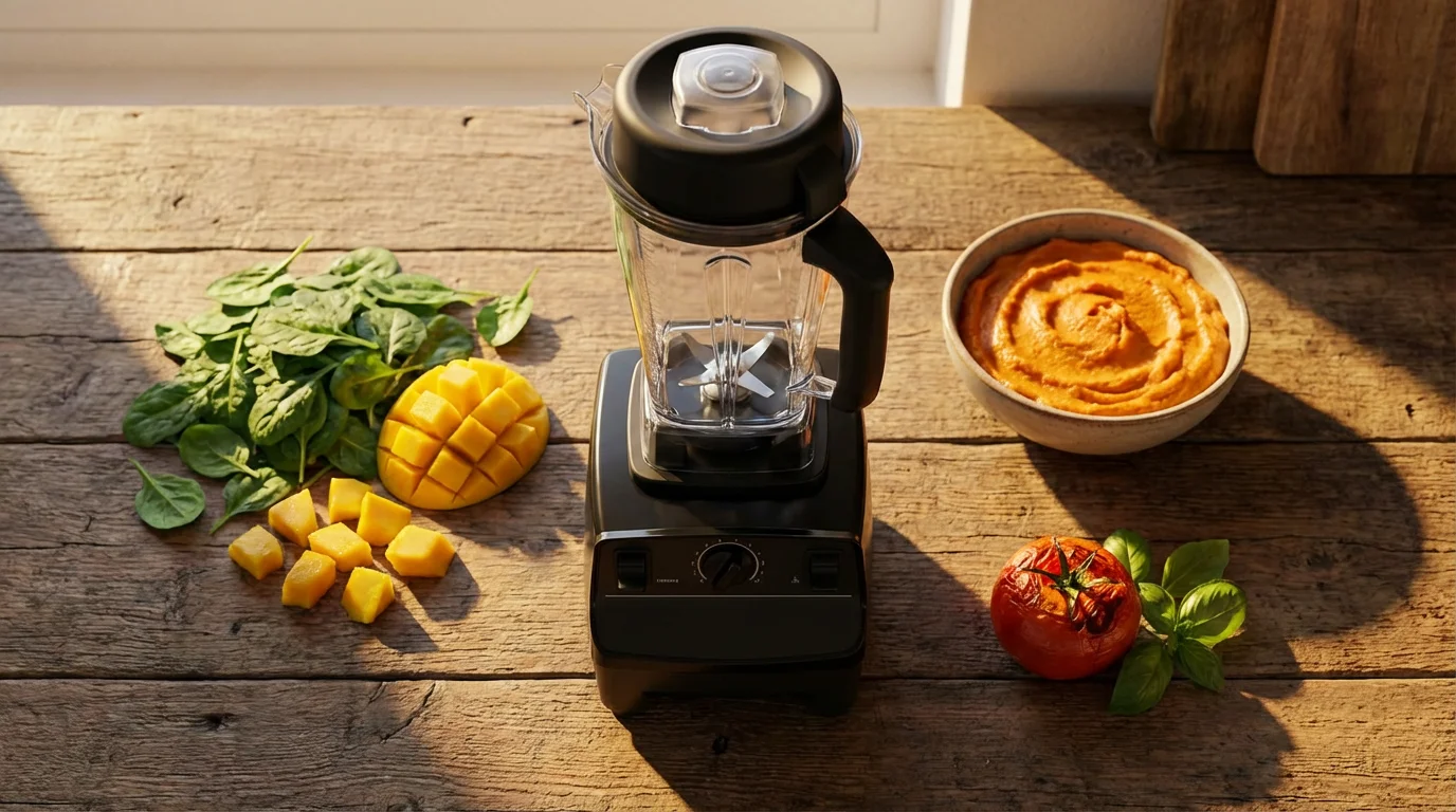 A high-angle flat lay of a blender surrounded by ingredients for smoothies, baby food, and soup.