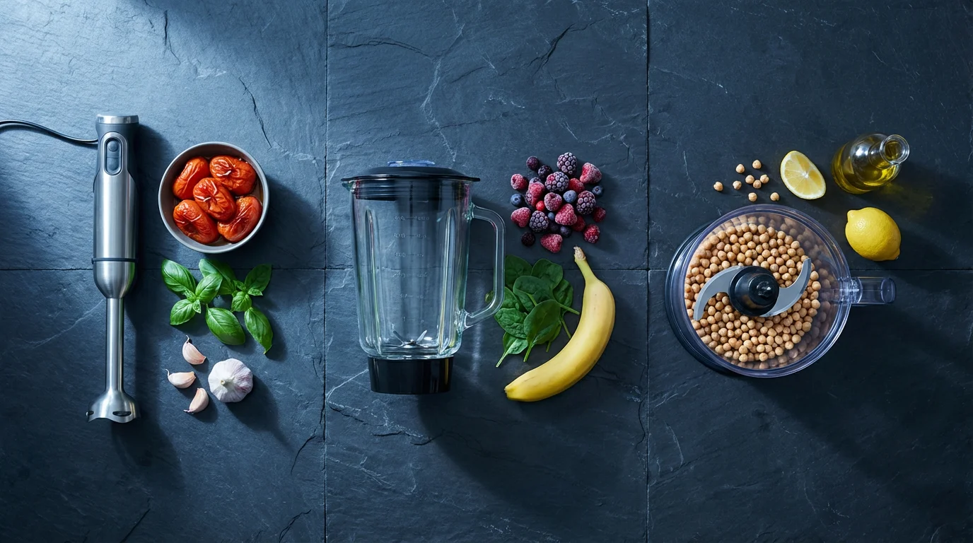 A high angle flat lay of an immersion blender, traditional blender, and food processor.