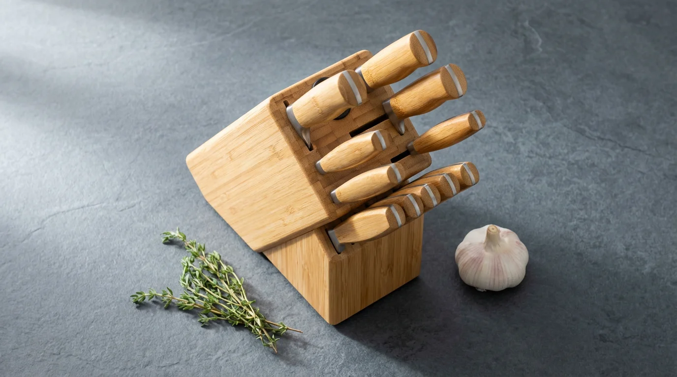 A high angle photo of a bamboo knife block with knives on a slate countertop.