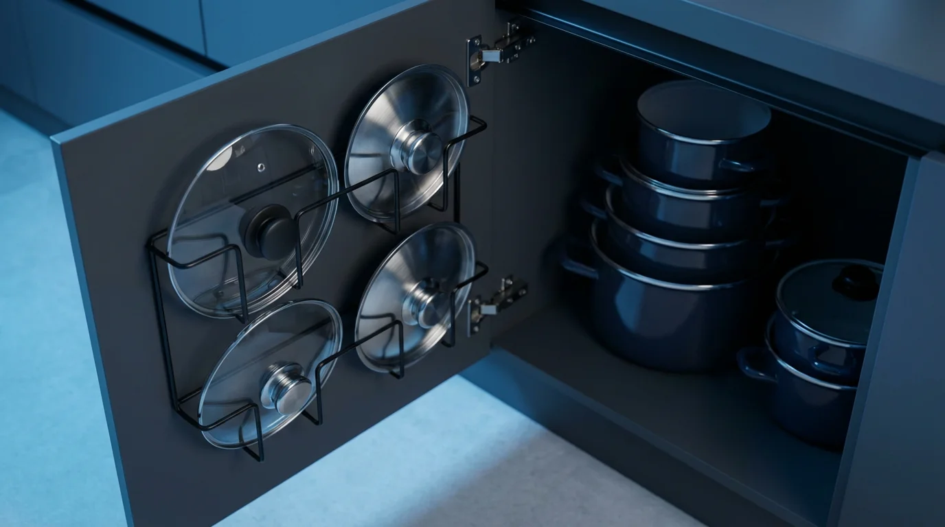 A high-angle view of a black wire rack holding pot lids inside a kitchen cabinet.