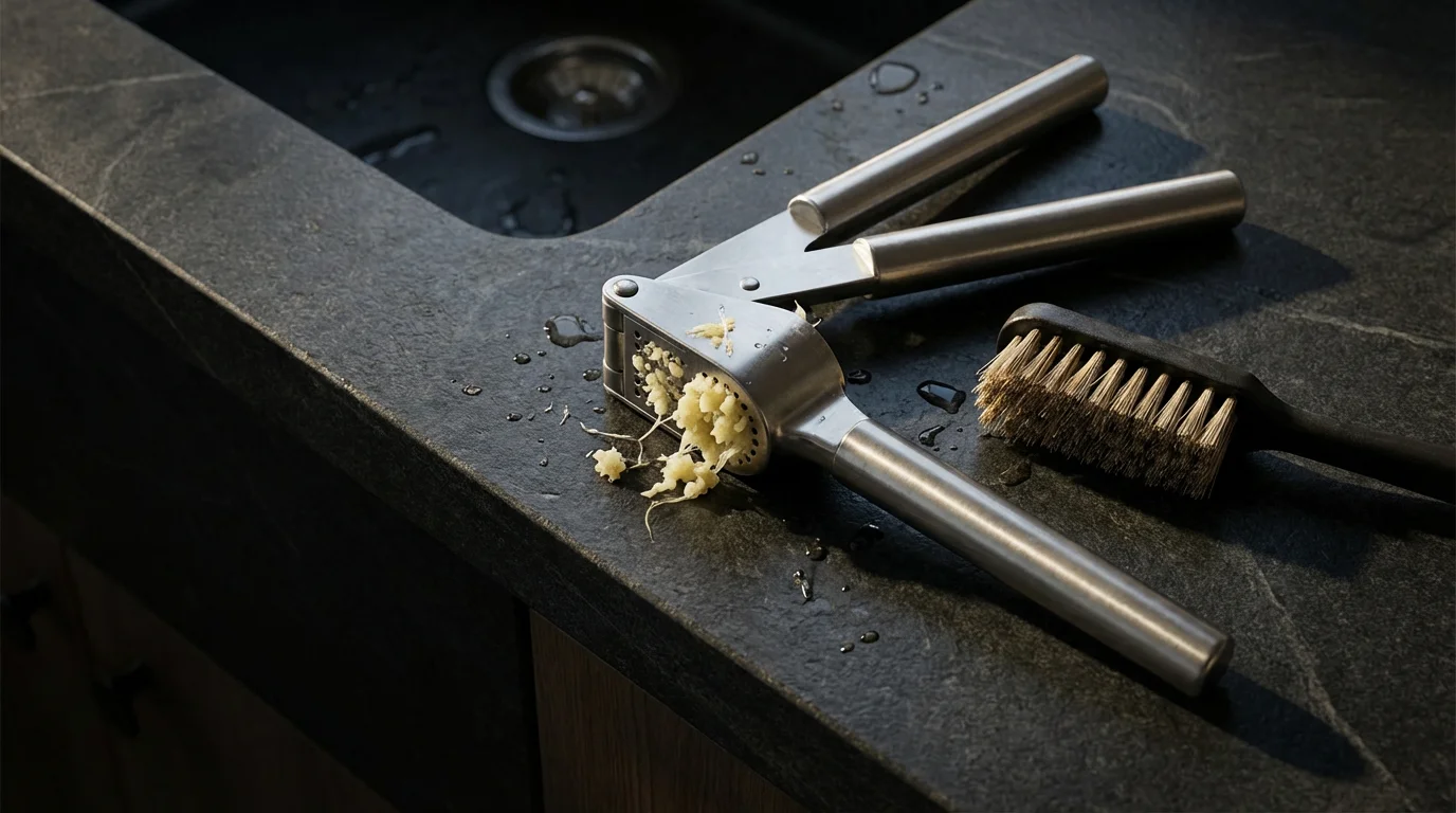 A high-angle view of a dirty garlic press and cleaning brush in a sink.