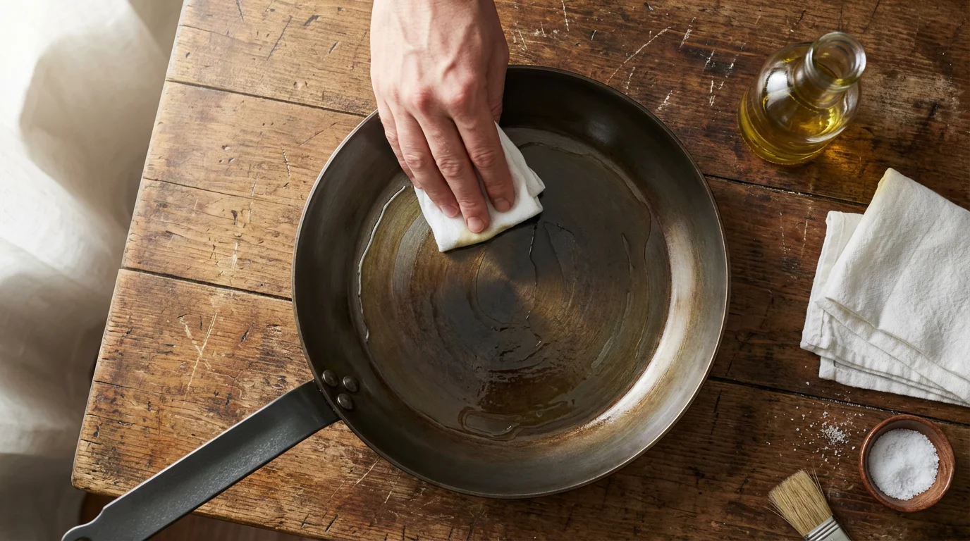A high angle view of a hand wiping oil to season a carbon steel pan.