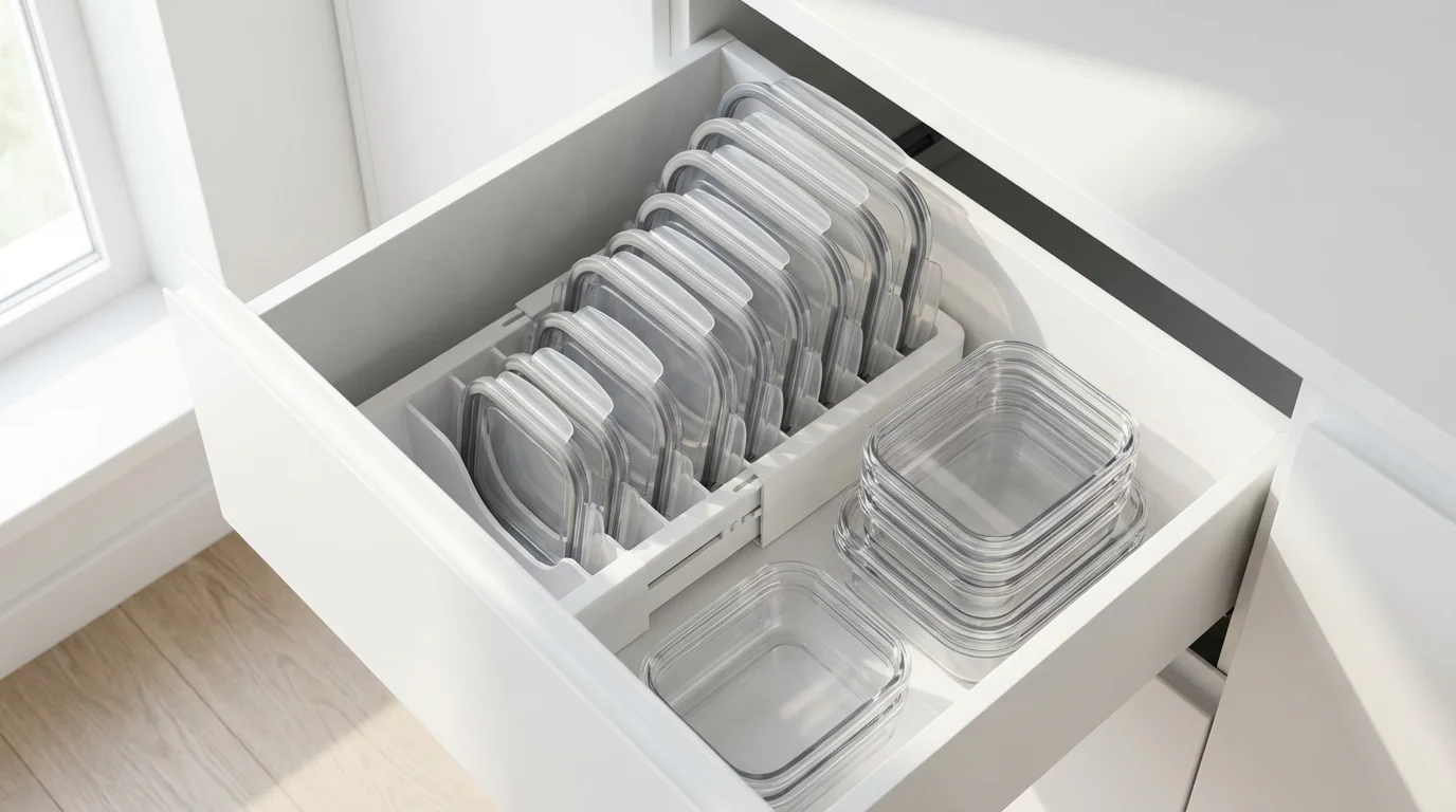A high angle view of food container lids stored vertically in a white organizer.