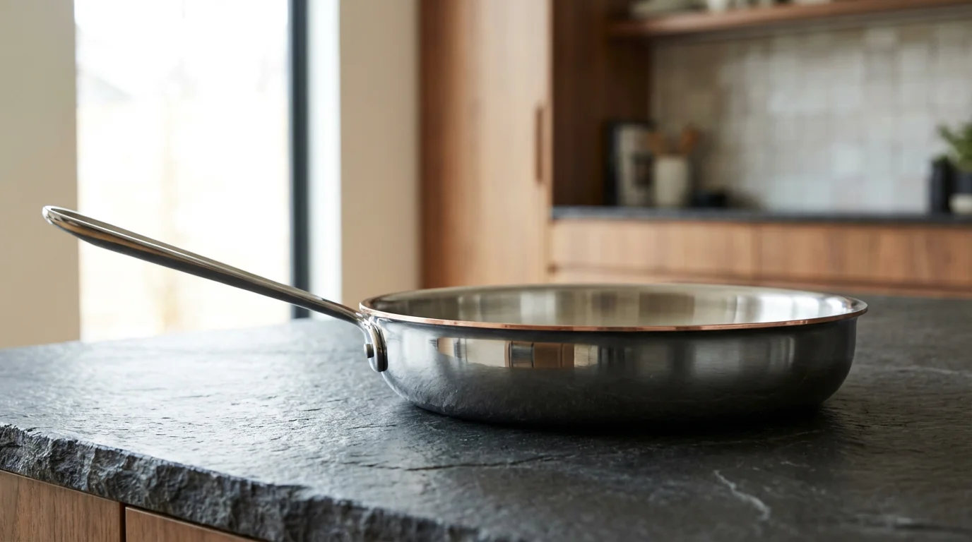 A high-quality, multi-ply stainless steel frying pan on a modern kitchen counter.