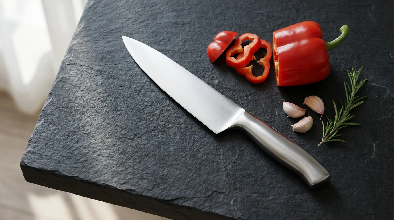 A high-quality stainless steel chef's knife on a slate countertop with fresh vegetables.