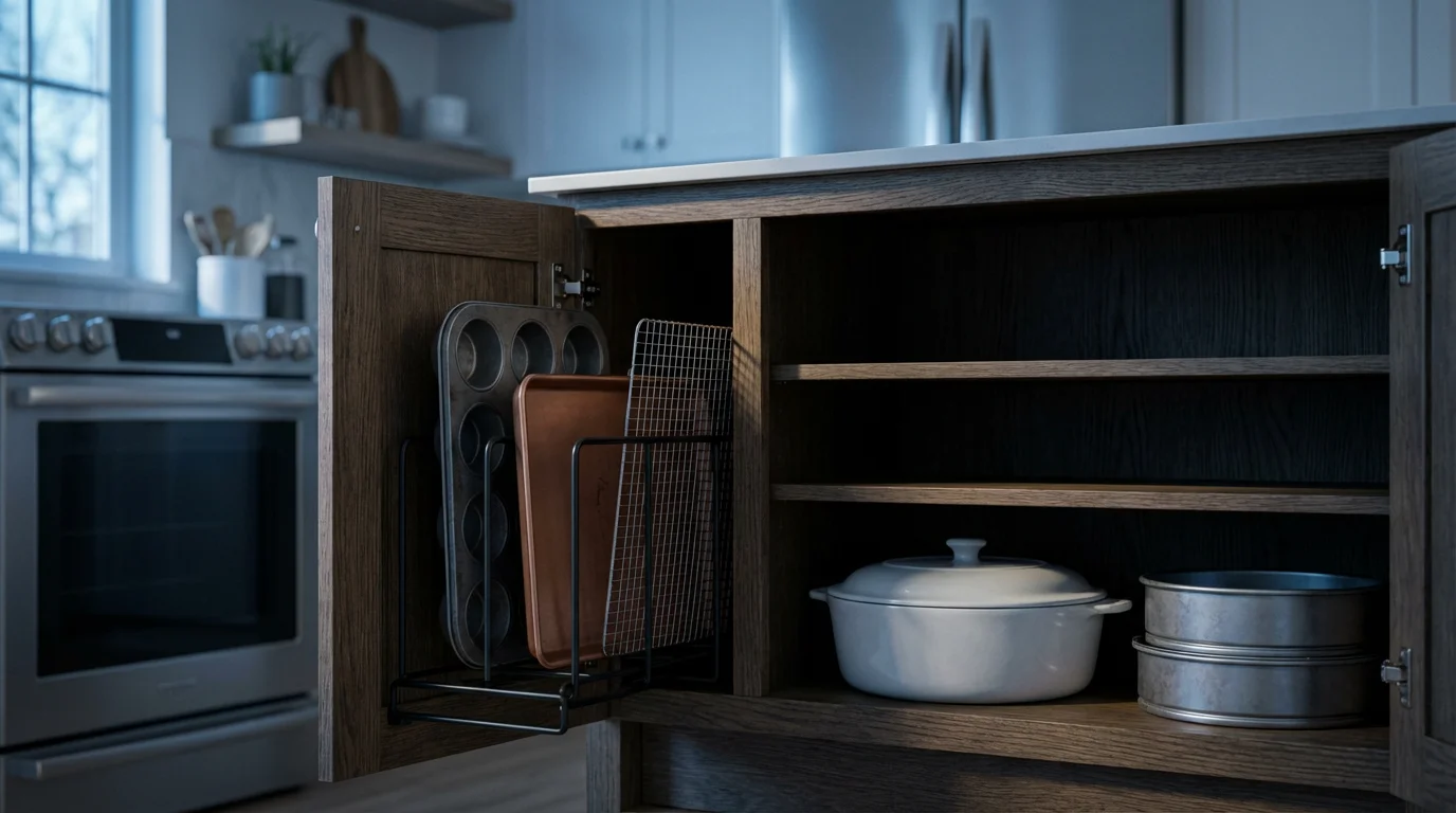 A kitchen cabinet showing vertical and horizontal bakeware organization methods side-by-side during blue hour.