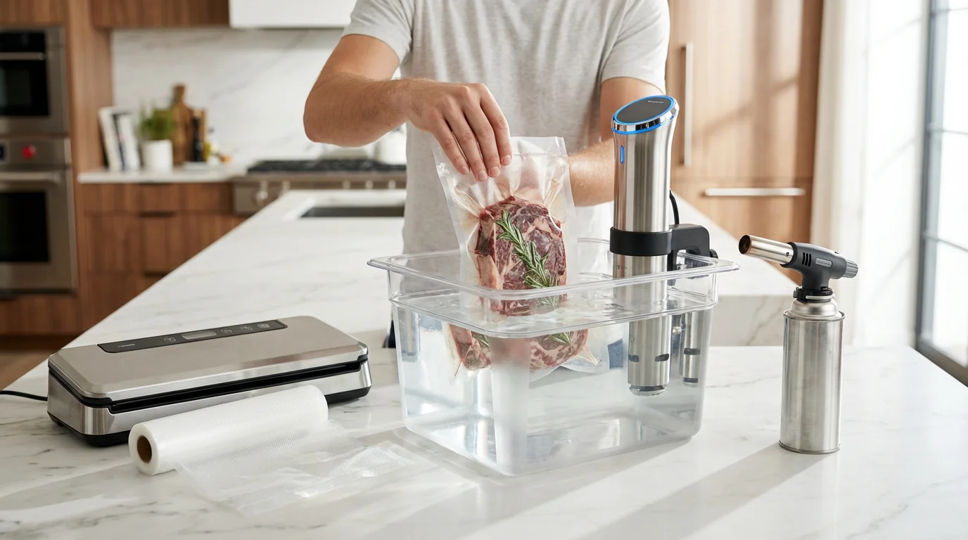A kitchen counter with sous vide accessories like a vacuum sealer and torch.