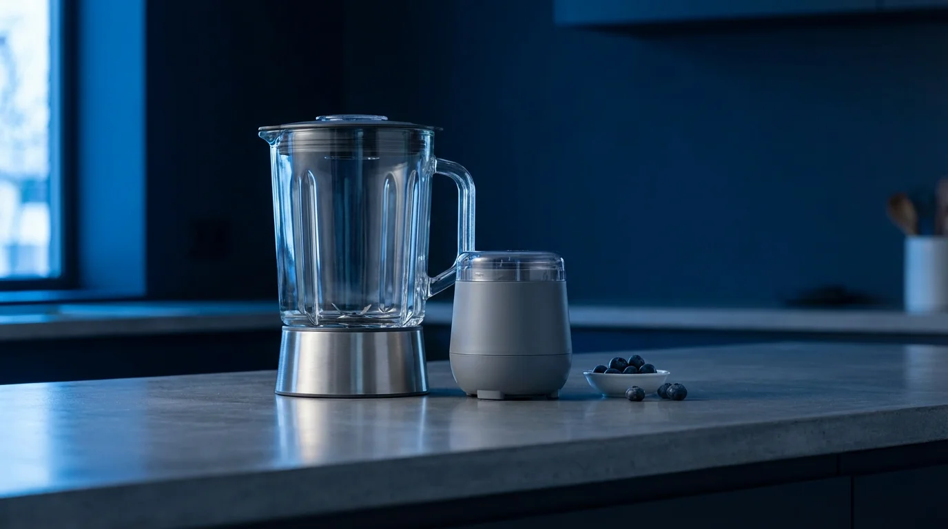 A large blender and small food processor side-by-side on a concrete kitchen counter.