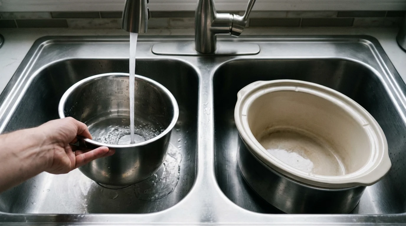 A lightweight steel pot and a heavy ceramic crock being cleaned in a sink.