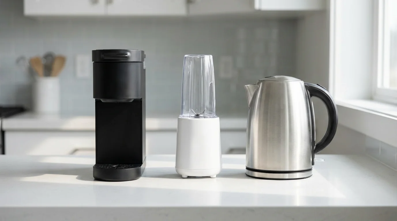 A lineup of a compact coffee maker, blender, and kettle on a kitchen counter.