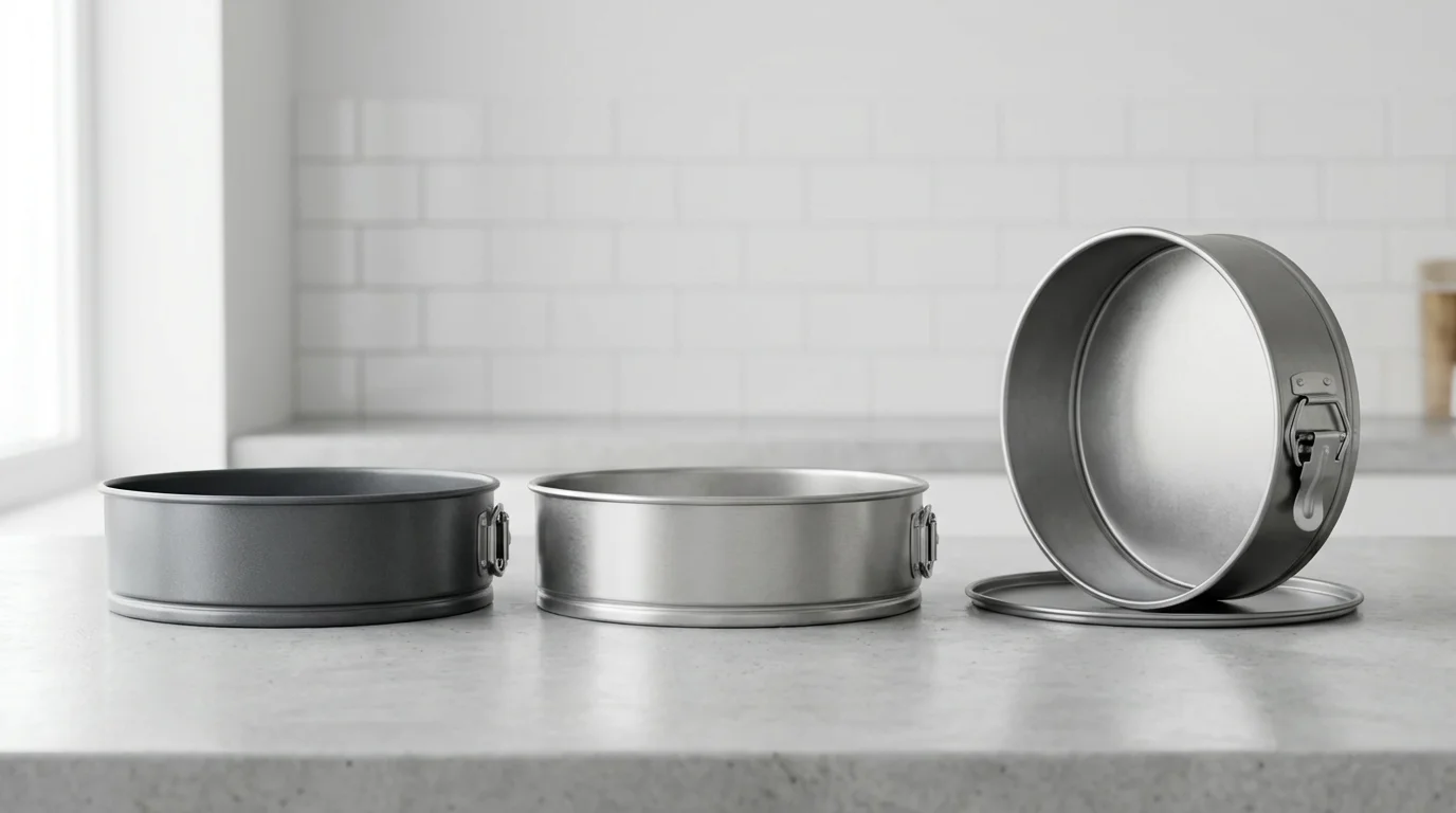 A lineup of various new springform pans on a modern light gray countertop.