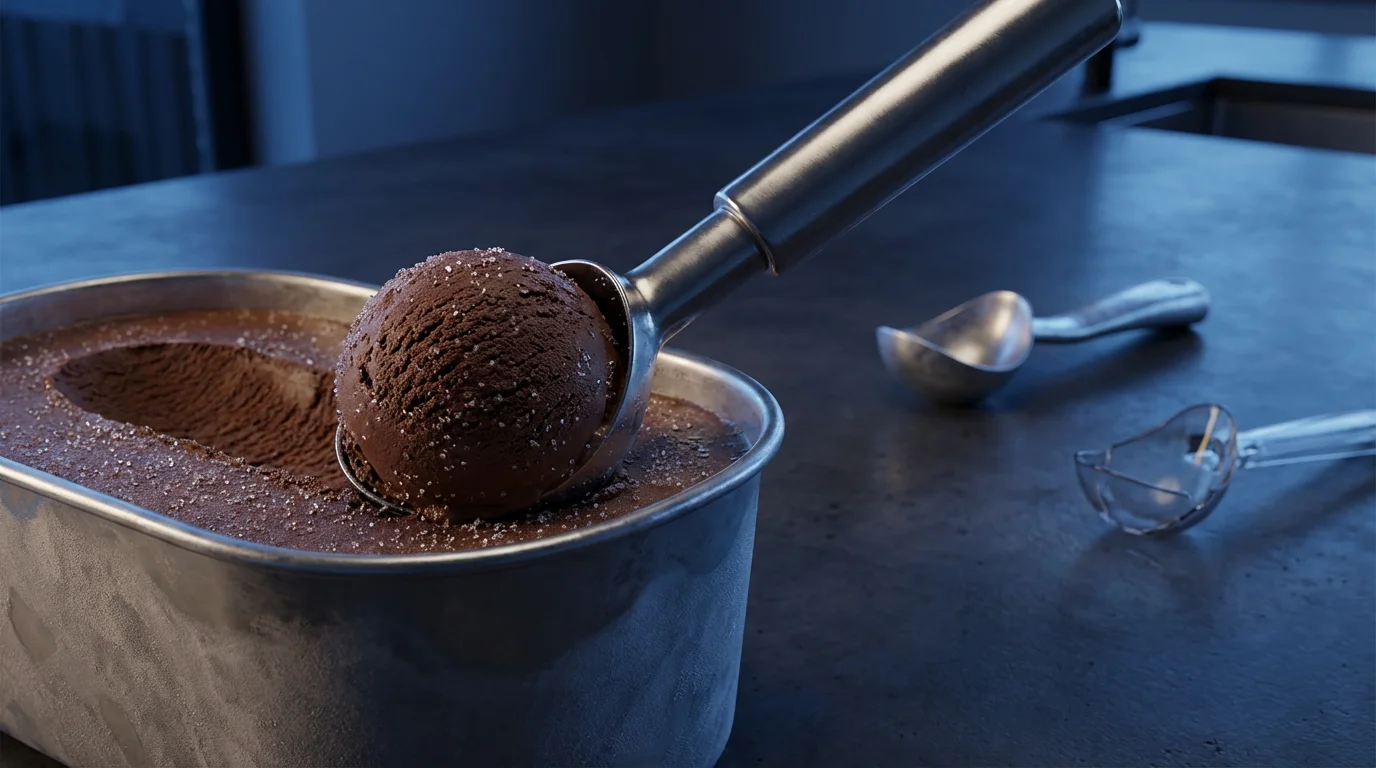 A low angle action shot of a stainless steel ice cream scoop cutting into chocolate ice cream.