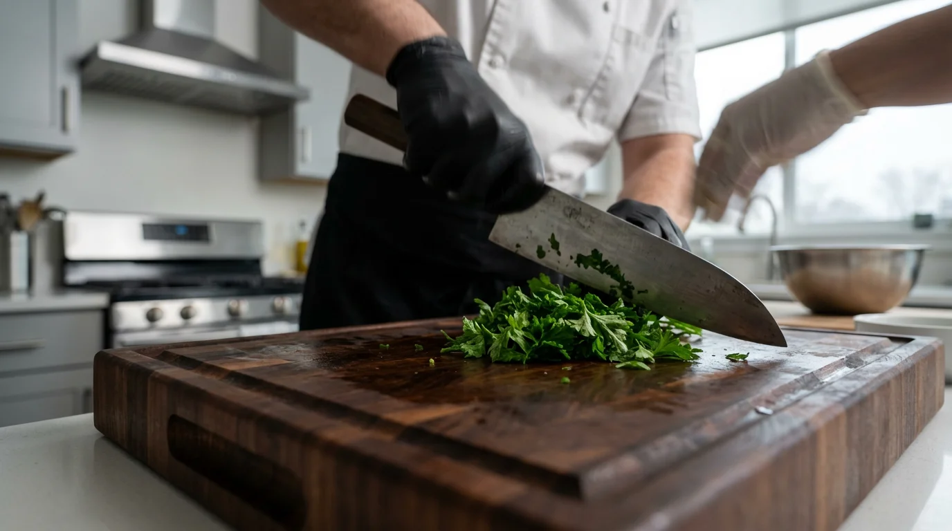 A low angle close-up of a chef chopping fresh parsley on a wooden cutting board.