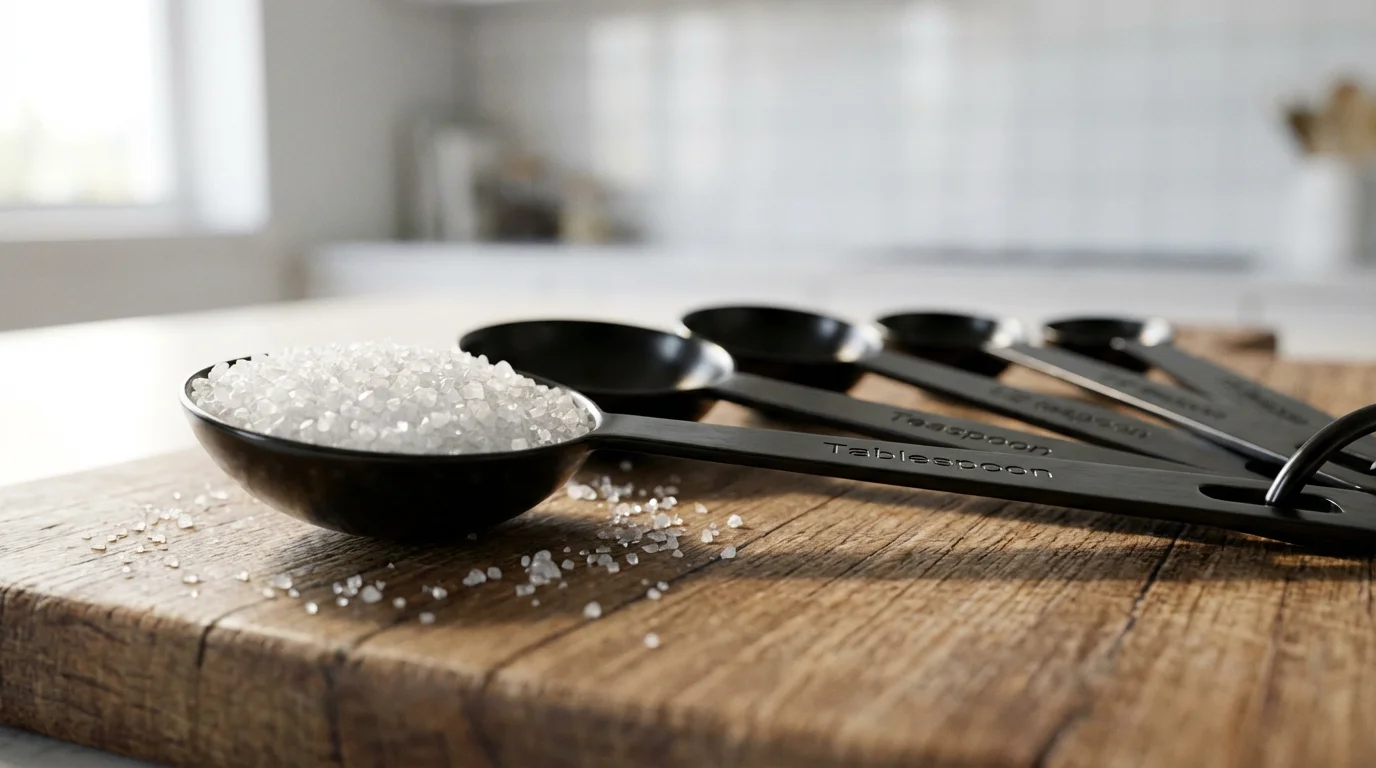 A low angle close-up of black metal measuring spoons on a wood board.