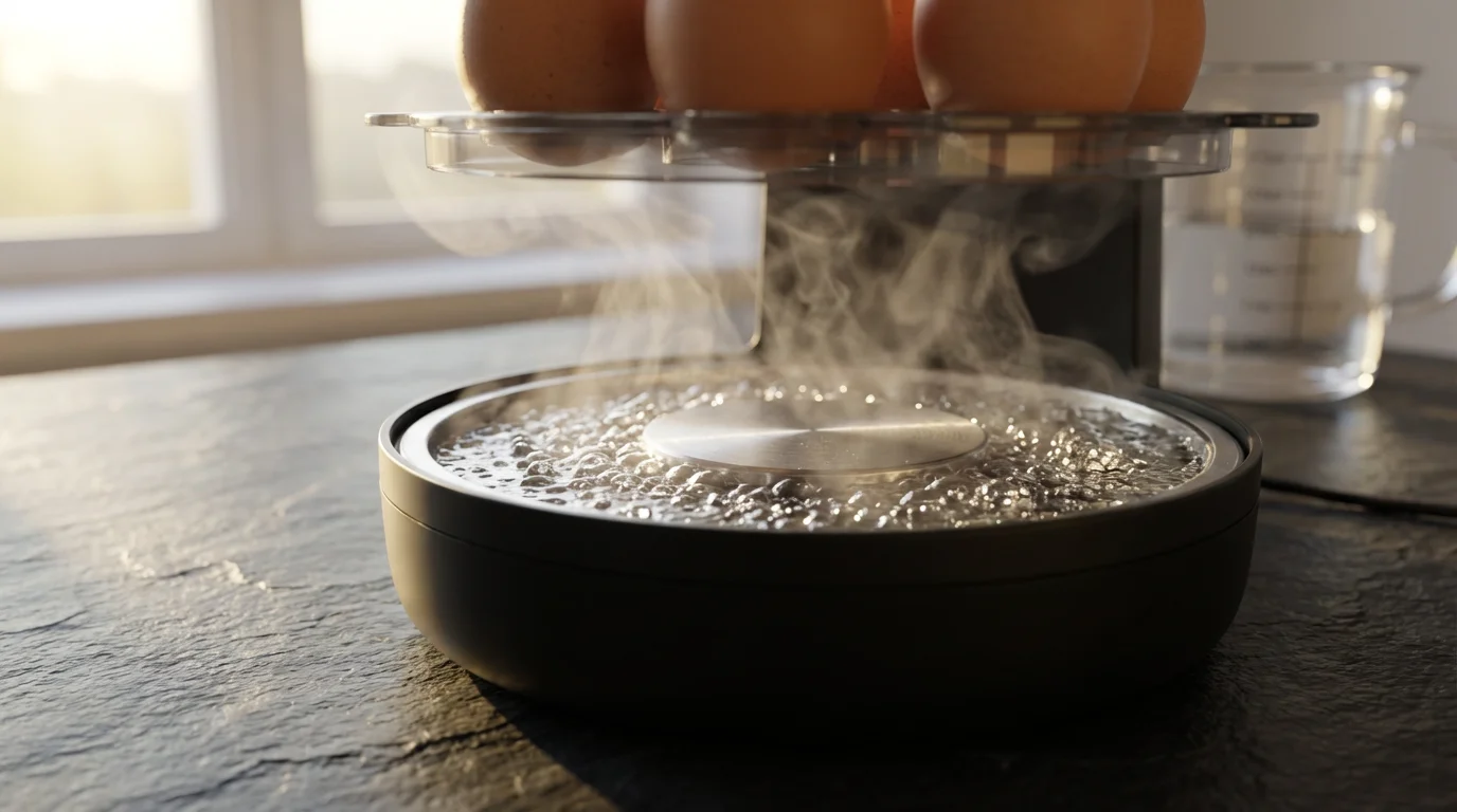 A low angle close-up of steam rising from the heating plate of an electric egg cooker.