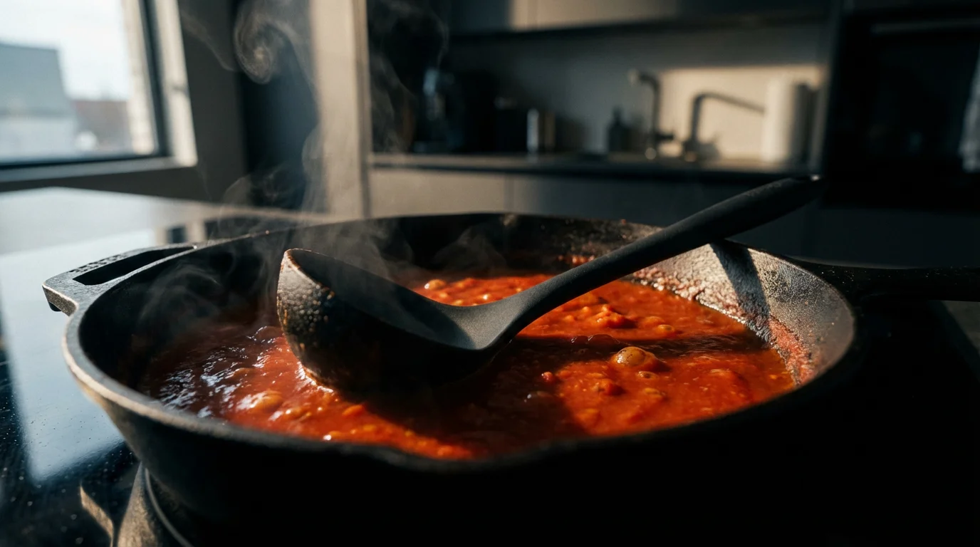 A low angle, close-up photo of a black silicone ladle in a hot pan.