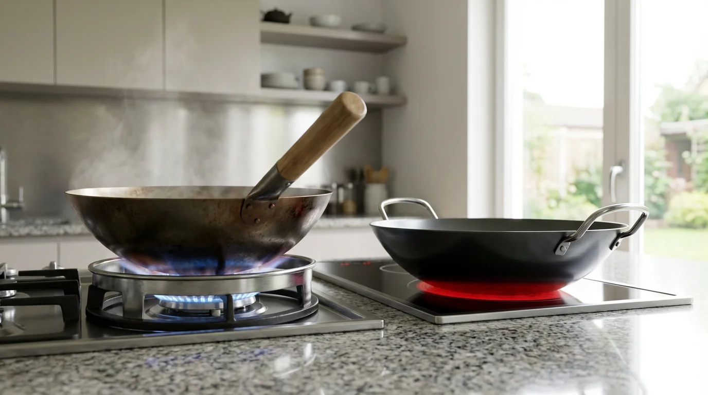 A low angle comparison of a round-bottom wok on a gas stove and a flat-bottom wok on an induction cooktop.