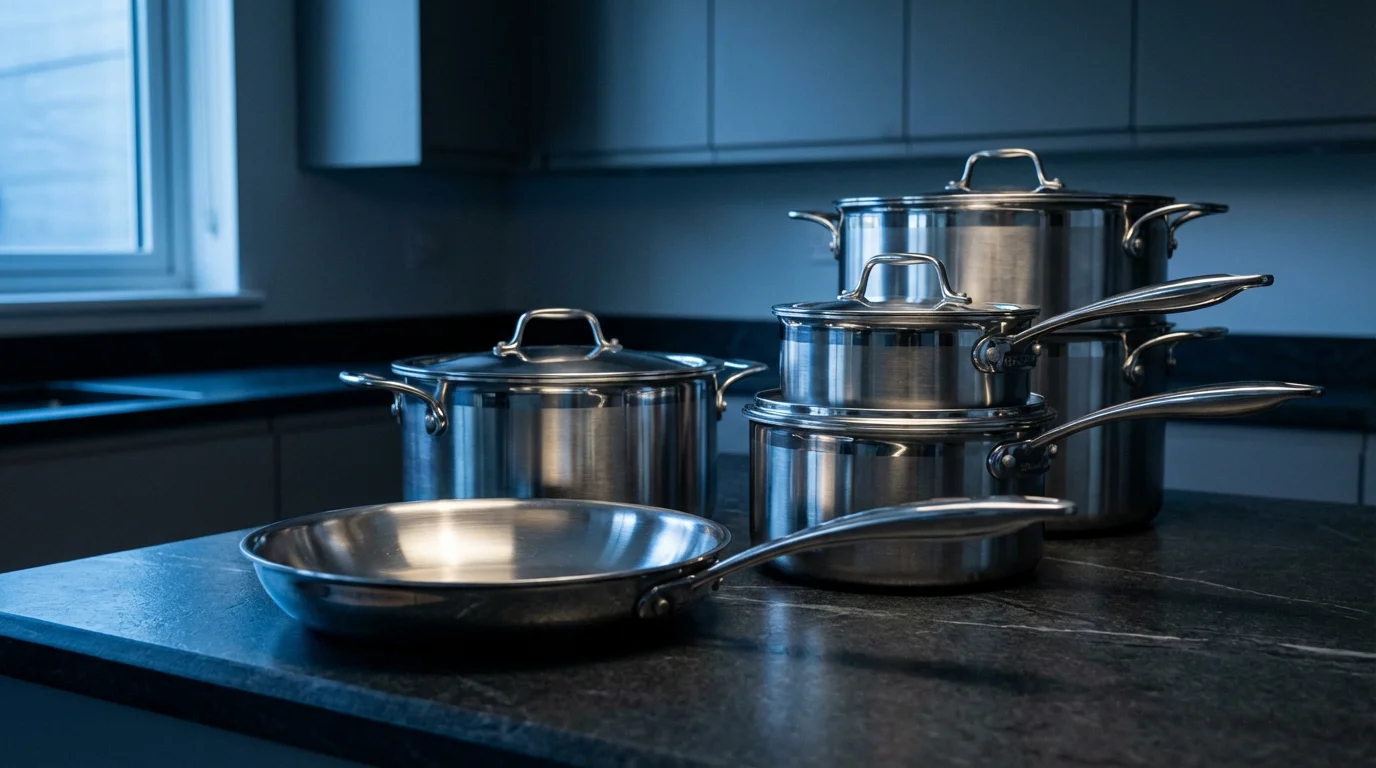 A low angle editorial photograph of a stainless steel cookware set at blue hour.