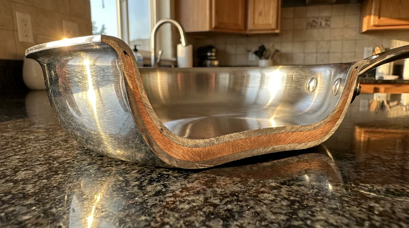 A low-angle macro shot of a stainless steel pan cross-section showing its inner core.