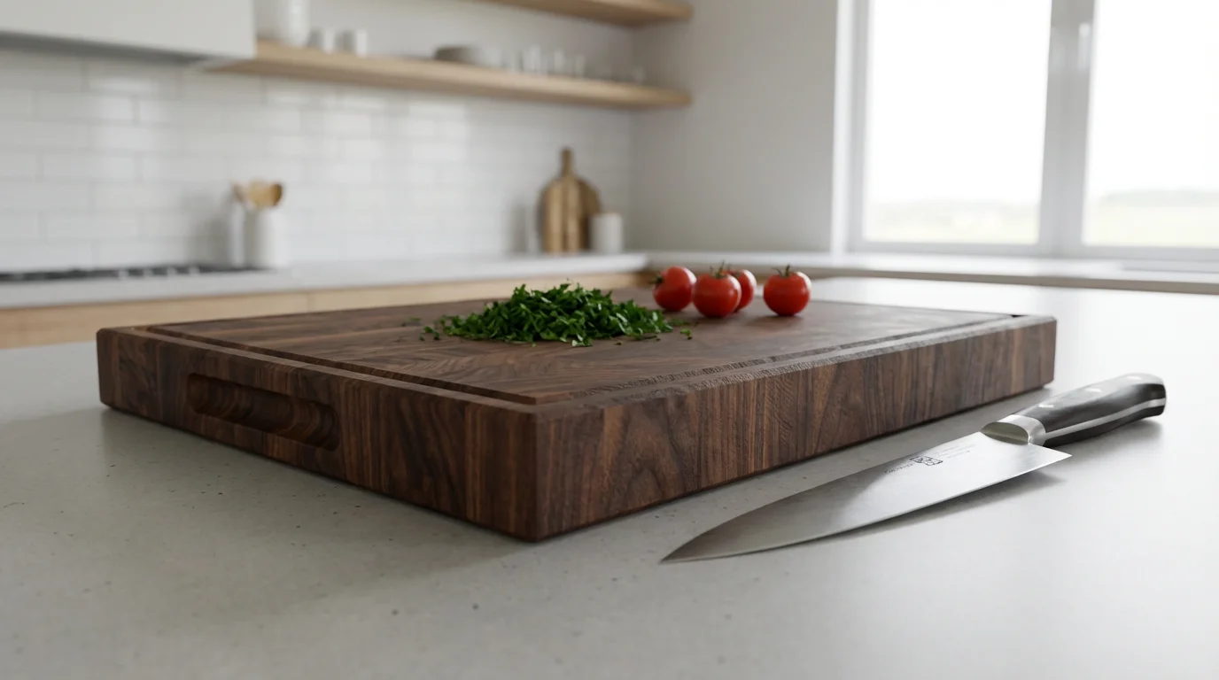 A low-angle photo of a thick wooden cutting board and chef's knife on a modern kitchen counter.