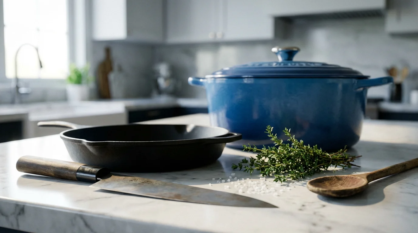 A low angle photograph of a high-quality knife, cast-iron skillet, and Dutch oven.