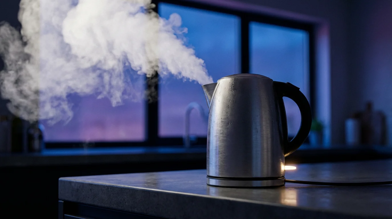 A low angle photograph of a modern electric kettle releasing steam during blue hour.