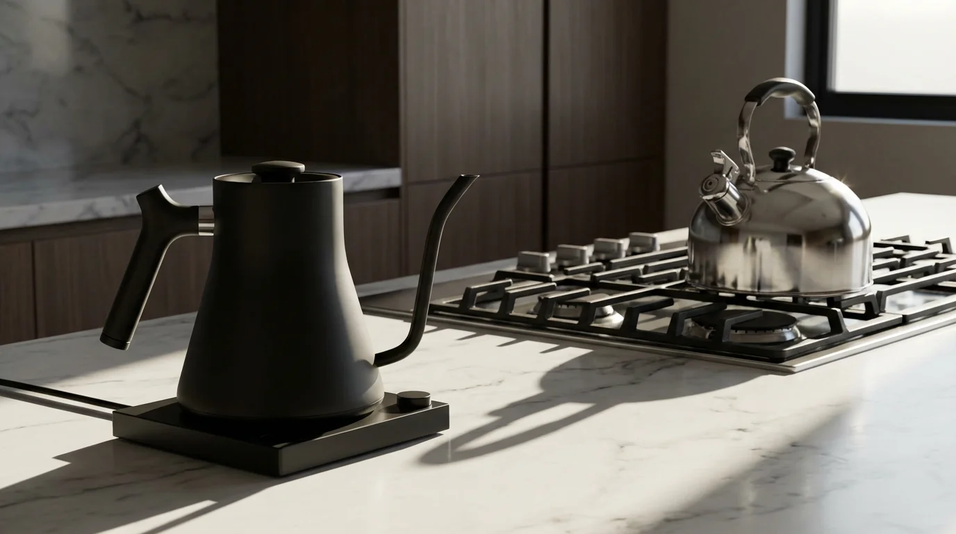 A low angle photograph of a modern electric kettle and a classic stovetop kettle.