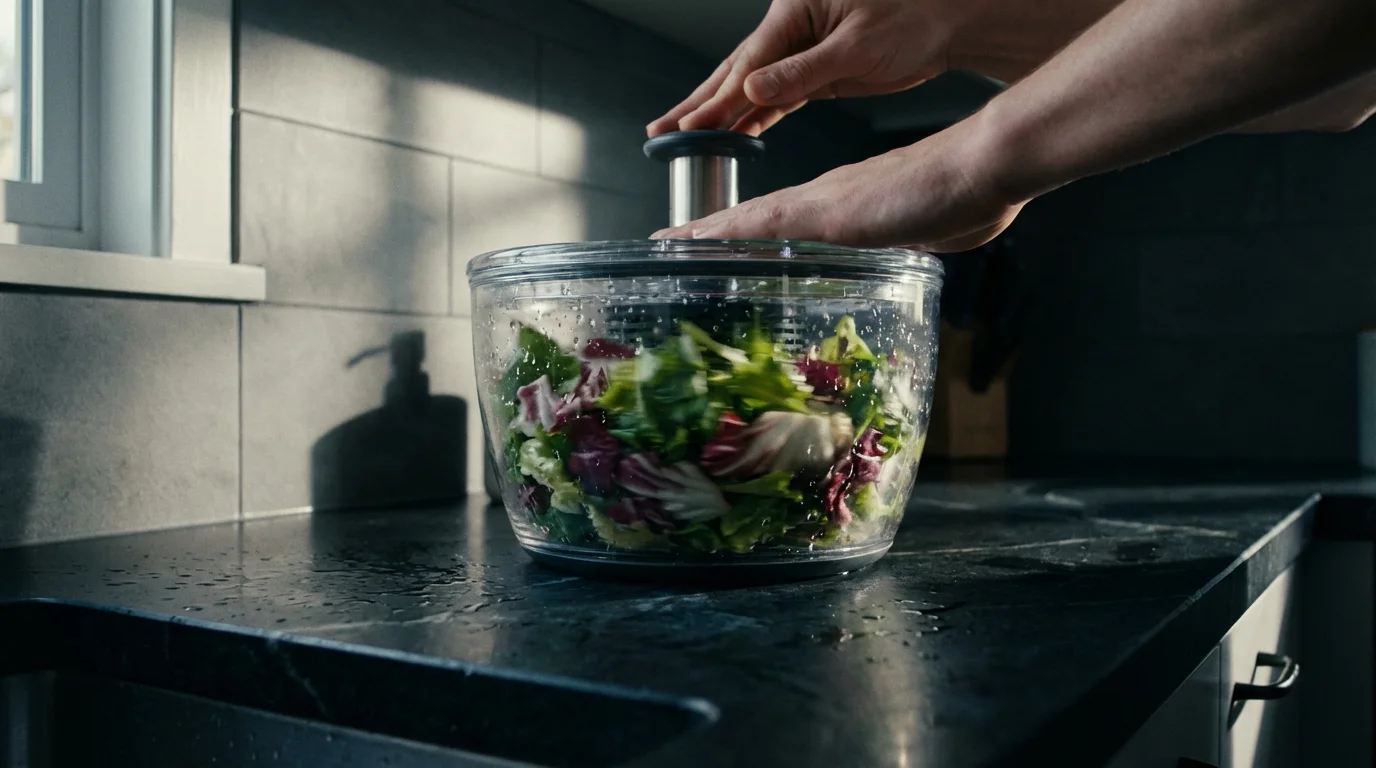 A low angle photograph of a modern salad spinner in action on a dark countertop.