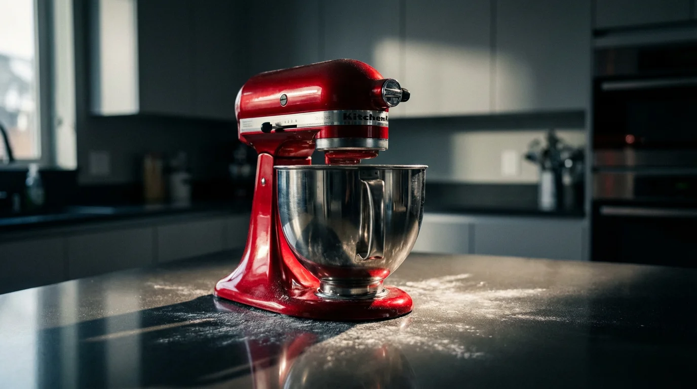 A low angle photograph of a red stand mixer kneading dough in a modern kitchen.