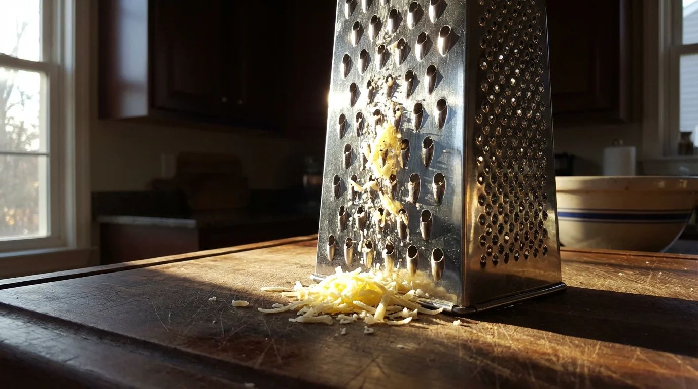 A low angle photograph of a stainless steel box grater on a cutting board.