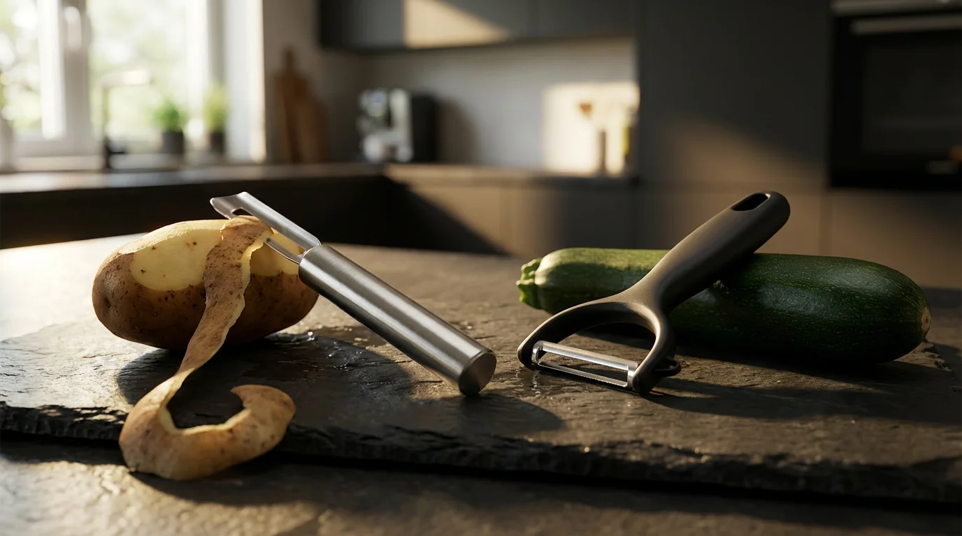 A low angle photograph of a Y-peeler and a straight peeler on a slate counter.
