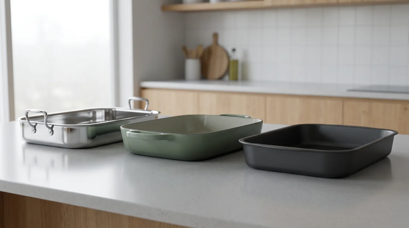 A low angle photograph of stainless steel, enameled, and non-stick roasting pans.